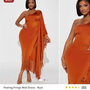 Fashion Nova One-Shoulder Fringe Dress - Rust